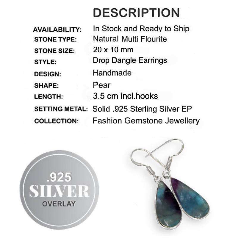 Natural Fluorite Pear Shape Gemstone set in .925 Sterling Silver Plated Handmade Earrings