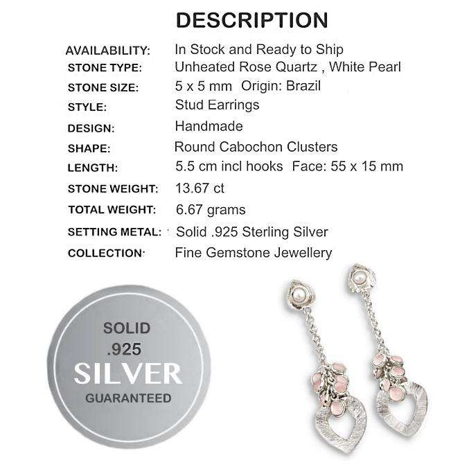 13.67 cts Natural Rose Quartz Gemstones Pearl set in Solid .925 Sterling Silver Long Stud Earrings