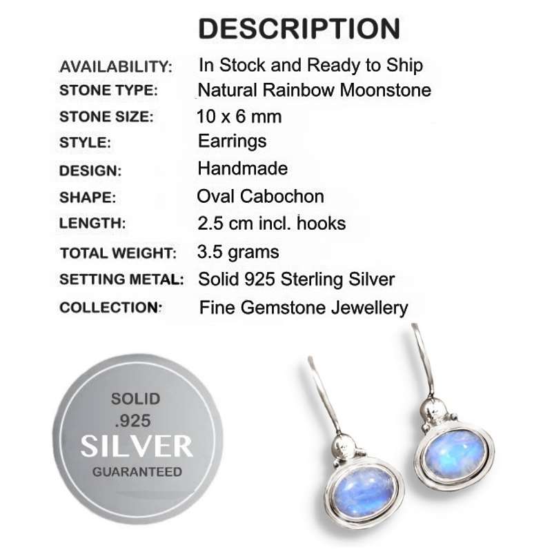 Natural Rainbow Moonstone Oval Gemstone set in Solid .925  Sterling Silver Dainty Earrings
