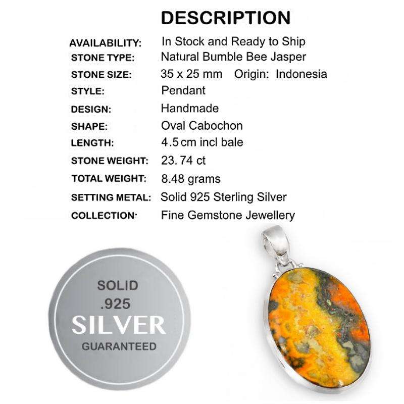 23.74 cts Natural Indonesian Bumble Bee Jasper Solid .925 Sterling Silver Pendant