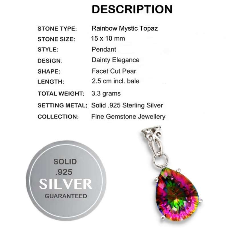 Natural Rainbow Mystic Topaz Pear Shape Gemstone set in Solid .925 Sterling Silver Pendant