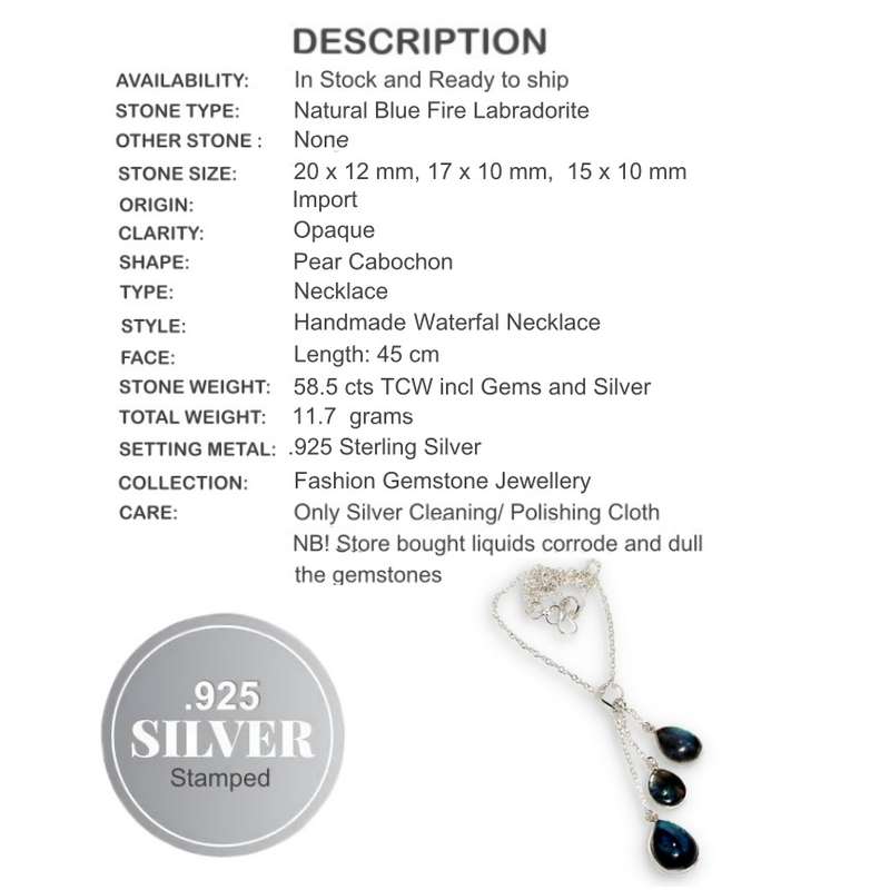 Natural Blue Fire Labradorite Pear Gemstones set in 925 Sterling Silver Plated Waterfall Necklace