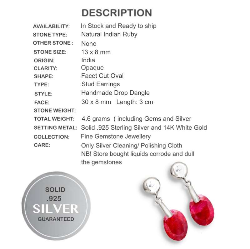 Natural Indian Ruby Oval Gemstone in Solid .925 Sterling Silver Dainty Earrings