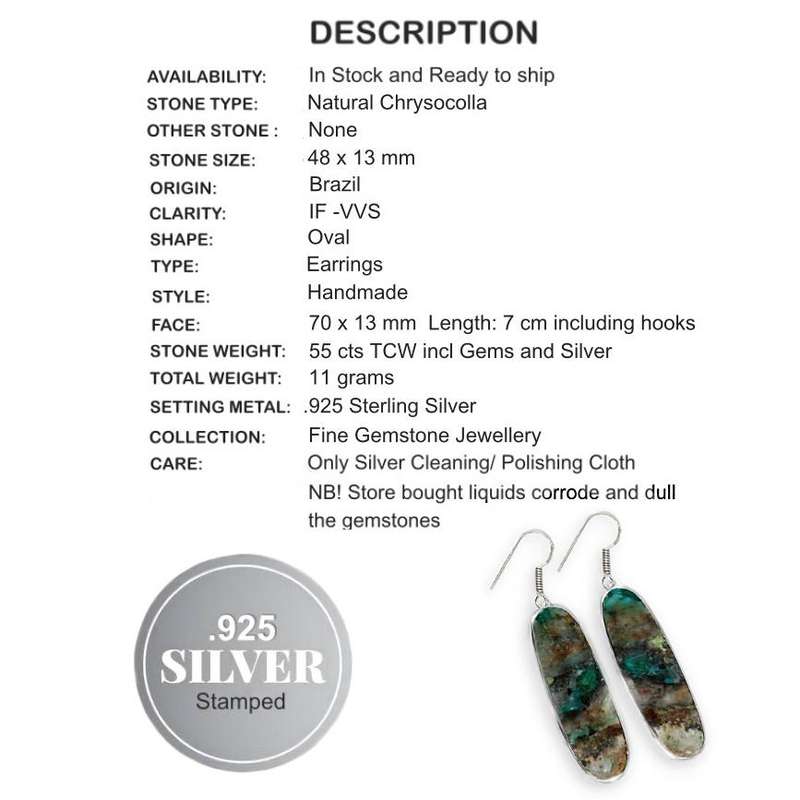 Natural Chrysocolla Long Oval Gemstone set in .925 Sterling Silver Plated Handmade Earrings