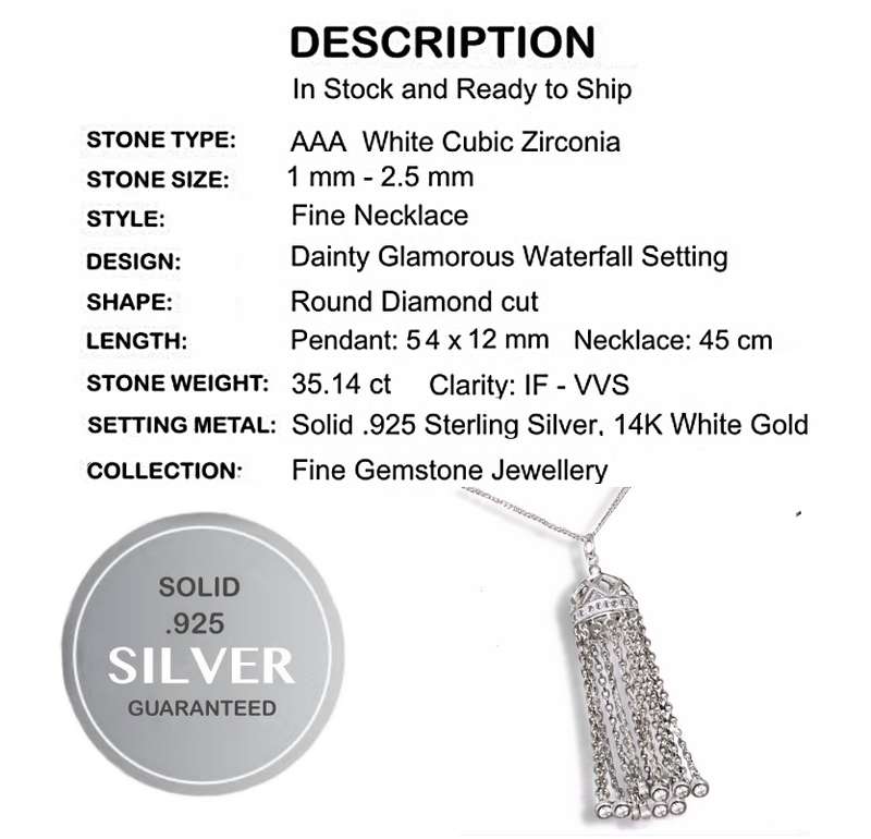 Deluxe 35.14 cts White Cubic Zirconia set in Solid .925 Sterling Silver  and 14K White Gold Necklace