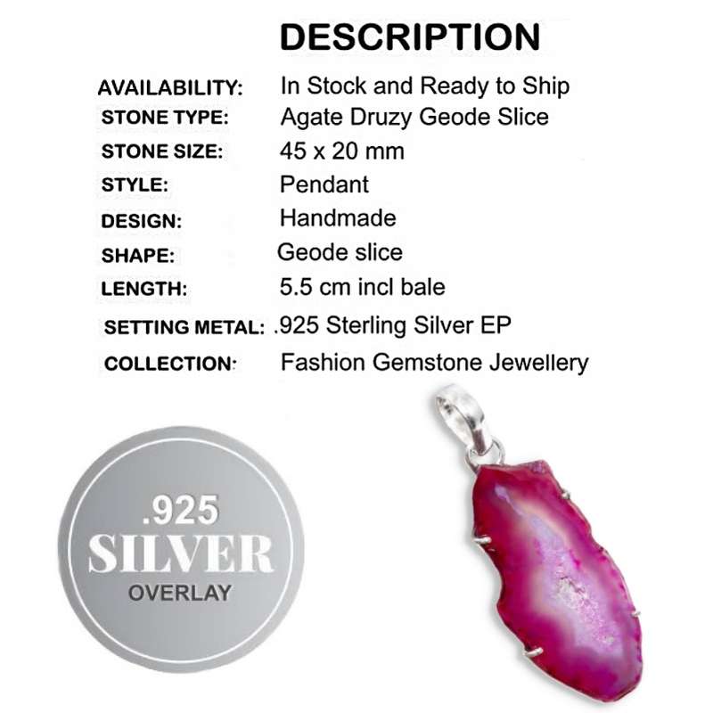 Handmade Pink Agate Druzy Geode Slice Gemstone set in .925 Sterling Silver Plated Pendant