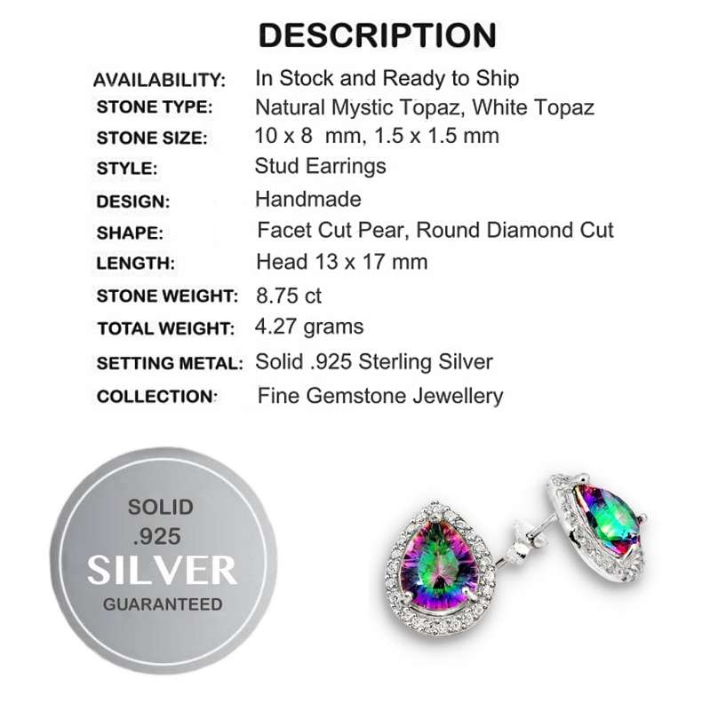 Fabulous Size 8.75 Cts Rainbow Mystic White Topaz Stud Earrings in Solid .925 Sterling Silver