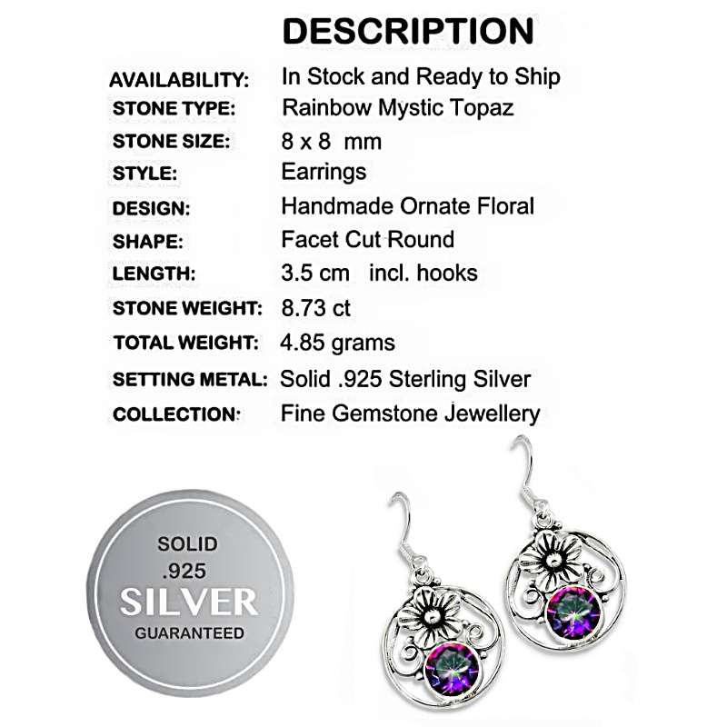 Indonesian Bali -Java  Natural Rainbow Mystic Topaz Earrings set In Solid 925 Sterling Silver