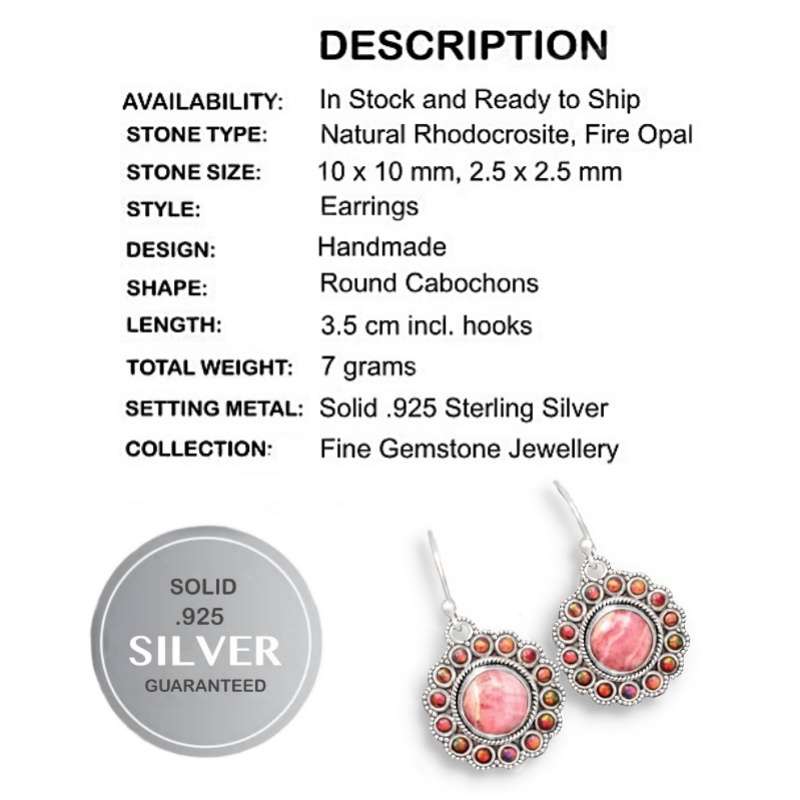 Natural Rhodochrosite, Fire Opal  Round Gemstones set in Solid .925 Sterling Silver Earrings