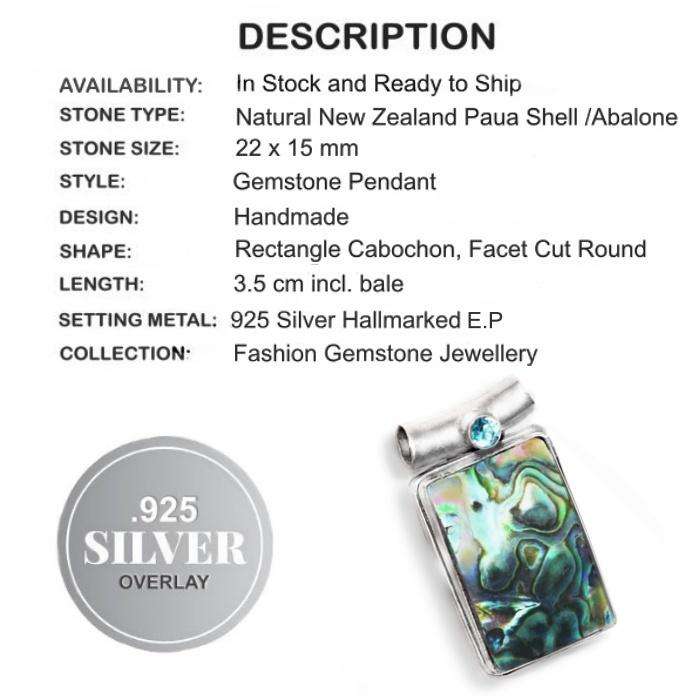 Natural New Zealand  Abalone and Blue Topaz Gemstone in 925 Sterling Silver Plated Handmade Pendant