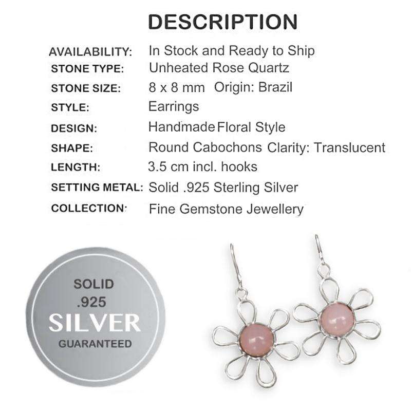 Natural Pink Rose Quartz Gemstone set in Solid .925 Sterling Silver Whimsical Floral Earrings