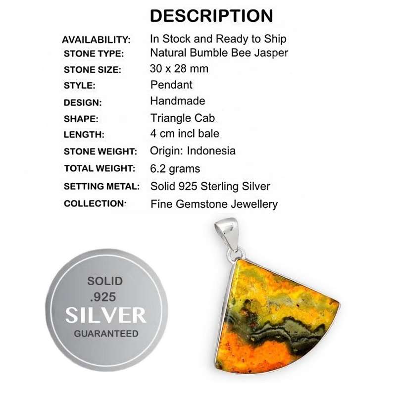23.74 Cts Incredible Natural Indonesian Bumble Bee Jasper set in Solid .925 Sterling Silver Pendant