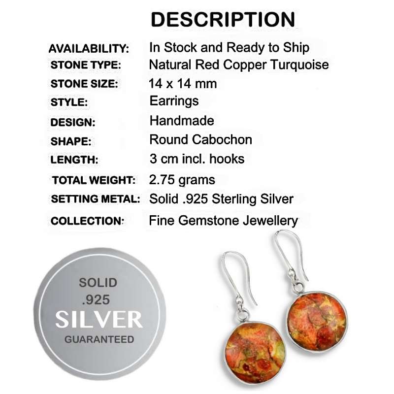 Natural Red Copper Turquoise  Round Gemstone set in Solid .925 Sterling Silver Earrings