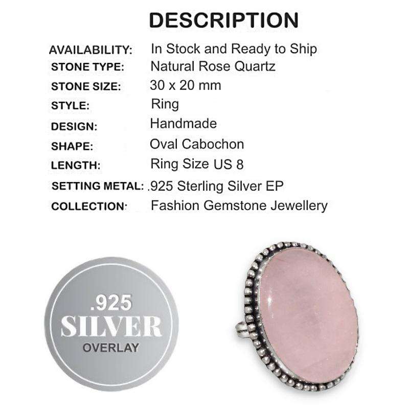 Natural Rose Quartz Oval Gemstone  set in.925 Sterling Silver Plated Handmade Ring Size 8 / Q