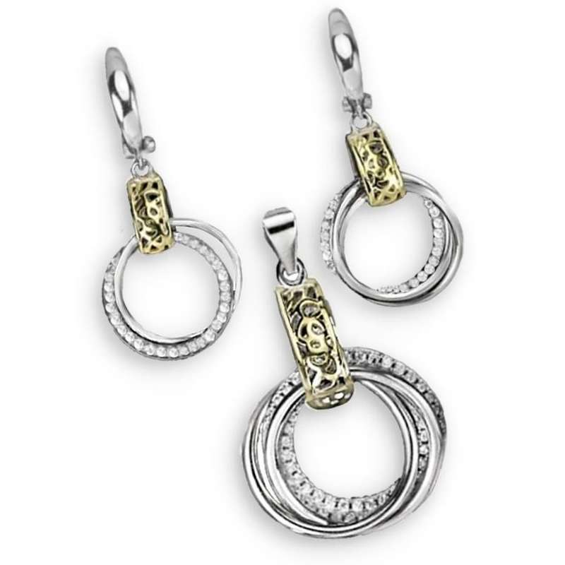 Two Tone Cubic Zirconia set in Solid .925 Sterling Silver Italian Designed Pendant & Earrings Set