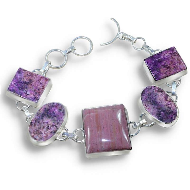 Natural Rhodonite and Jasper Gemstone in 925 Sterling Silver Plated Handmade Bracelet
