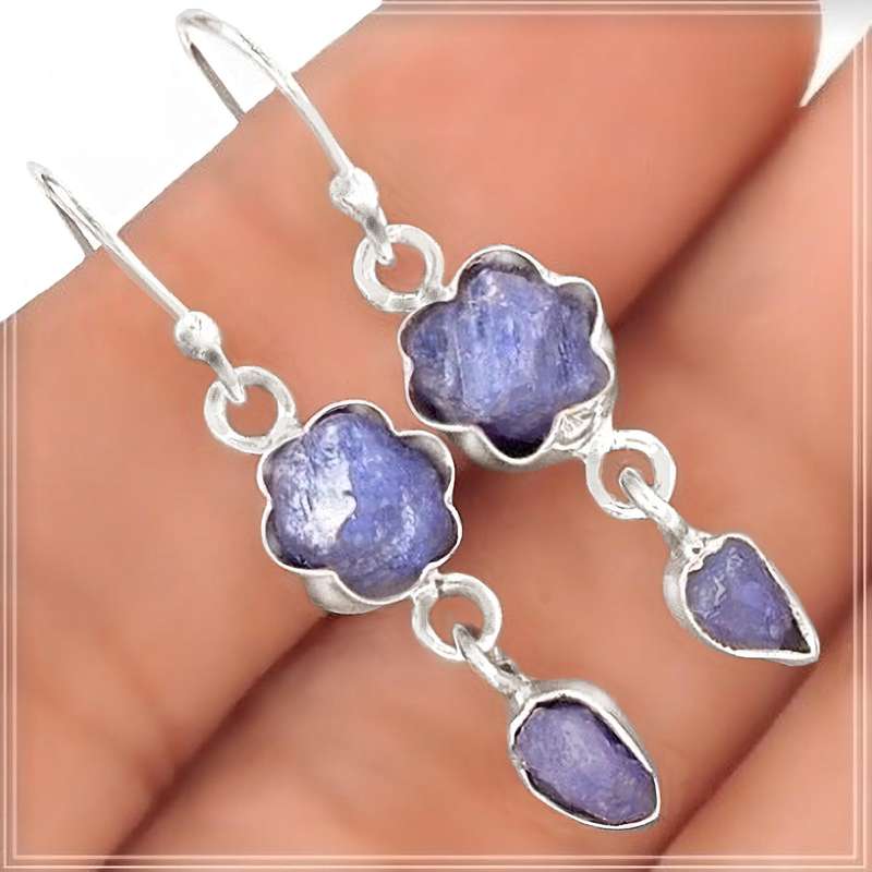 Natural Unheated Tanzanite Rough Gemstone set in Solid .925 Sterling Silver Earrings