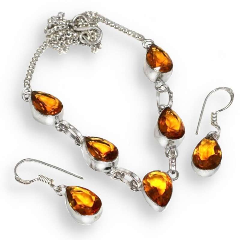 Dainty Pear Shape Citrine Gemstones set in .925 Sterling Silver Plated Necklace and Earrings Set