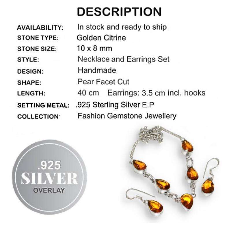 Dainty Pear Shape Citrine Gemstones set in .925 Sterling Silver Plated Necklace and Earrings Set