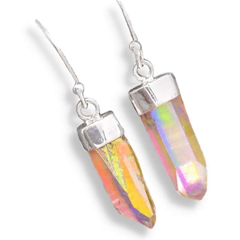 Natural Angel Aura Quartz Gemstone set in Solid .925 Sterling Silver Dainty Earrings
