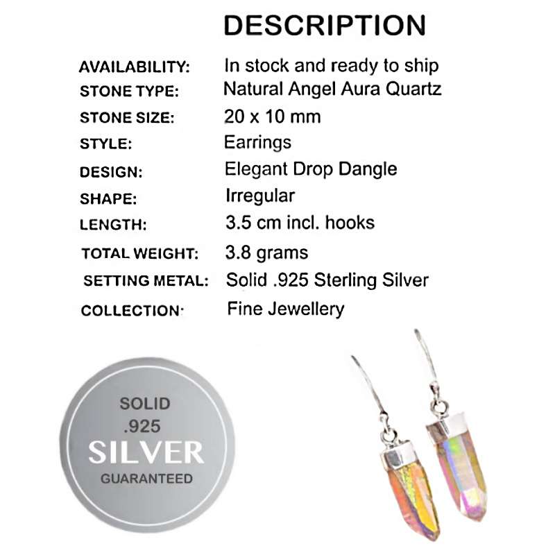 Natural Angel Aura Quartz Gemstone set in Solid .925 Sterling Silver Dainty Earrings