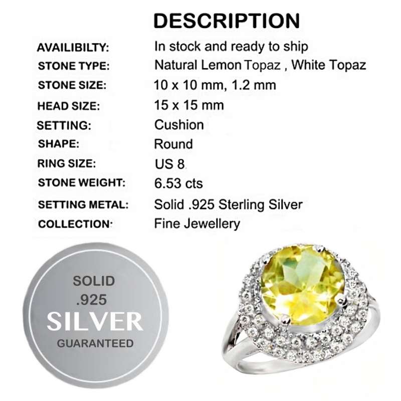 6.53 cts Natural Lemon Topaz and White Topaz set in Solid .925 Sterling Silver Ring Size US 8 / Q