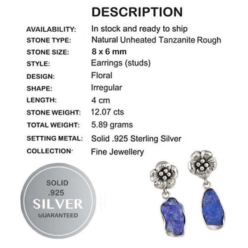 Natural Unheated Tanzanite Rough Gemstone Solid .925 Sterling Silver Floral Earrings