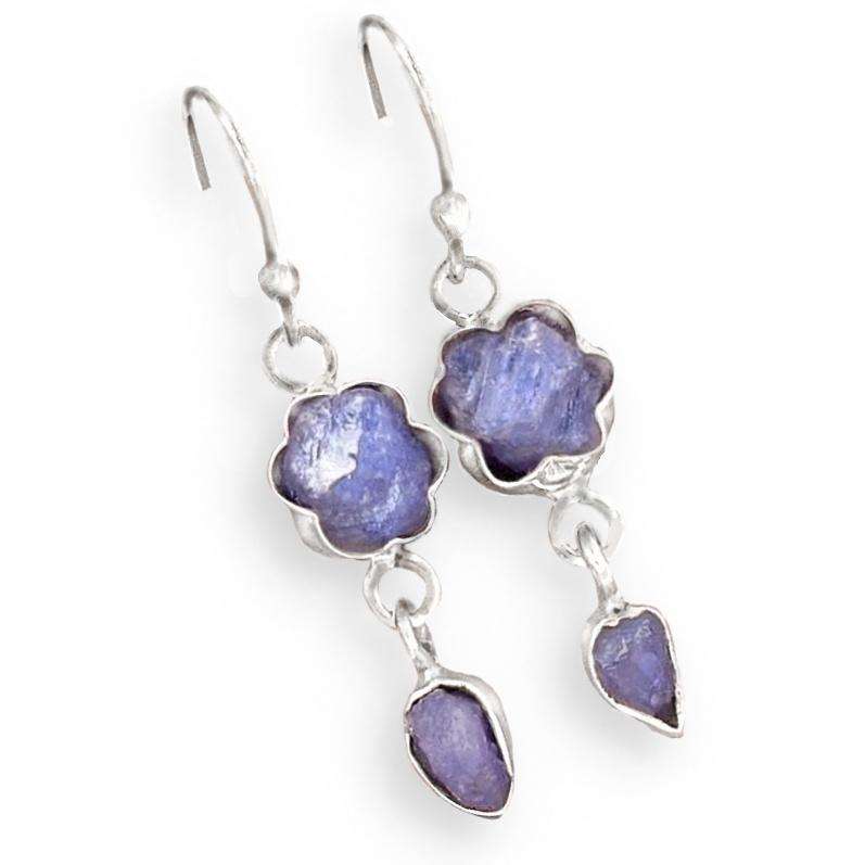 Natural Unheated Tanzanite Rough Gemstone set in Solid .925 Sterling Silver Earrings