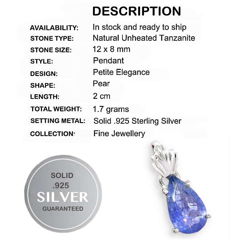 Natural Unheated Tanzanite Pear Shape Gemstone set in Solid .925 Sterling Silver Dainty Pendant