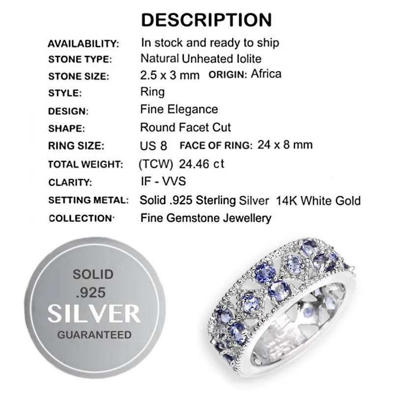 Natural Violet Blue Iolite Gemstone set in Solid .925 Sterling Silver Ring Size US 8 or Q