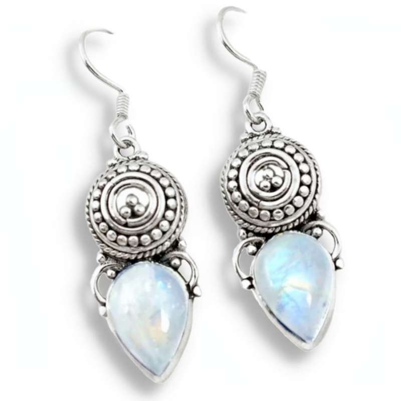 8.27 cts Natural Rainbow Moonstone Pear Shape Gemstone set in Solid .925 Sterling Silver Earrings