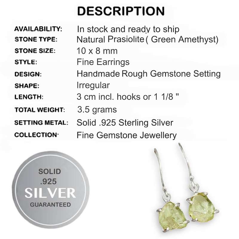 Natural Green Amethyst Rough Gemstone set in Solid .925 Sterling Silver Earrings