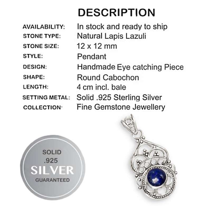 Indonesian Bali-Java Natural Lapis Lazuli Round Gemstone set in Solid .925  Sterling Silver Pendant