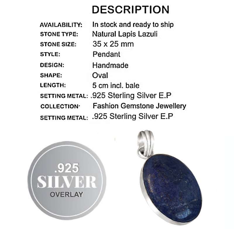 Natural Lapis Lazuli Oval Gemstone .925 Sterling Silver Pendant
