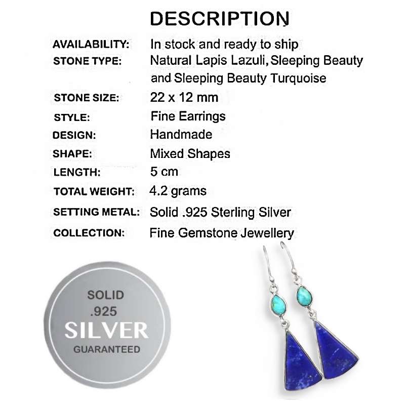 Natural Lapis Lazuli, Sleeping Beauty Turquoise Gemstone Solid .925 Sterling Silver Earrings