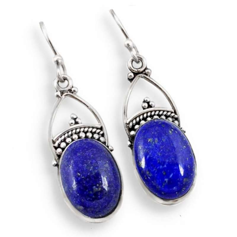 Indonesian Bali - Natural Lapis Lazuli Oval Gemstone in Solid .925 Sterling Silver Earrings