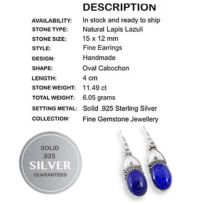 Indonesian Bali - Natural Lapis Lazuli Oval Gemstone in Solid .925 Sterling Silver Earrings