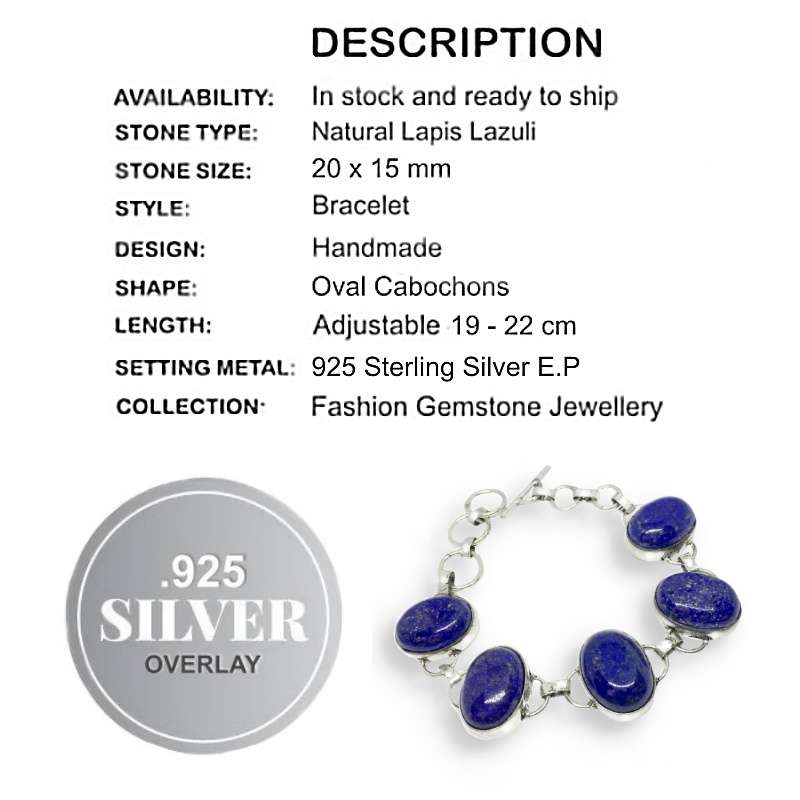 Natural Lapis Lazuli Larger Oval Gemstones set in 925 Sterling Silver Plated Bracelet