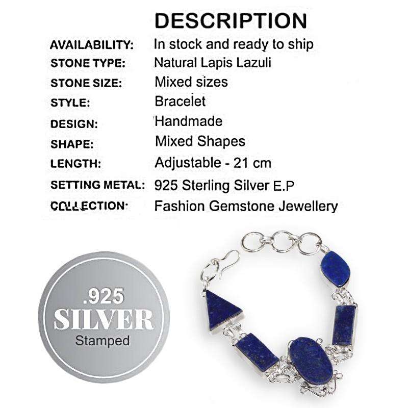 Natural Lapis Lazuli Mixed Shape Gemstones set in .925 Sterling Silver Plated Antique Style Bracelet