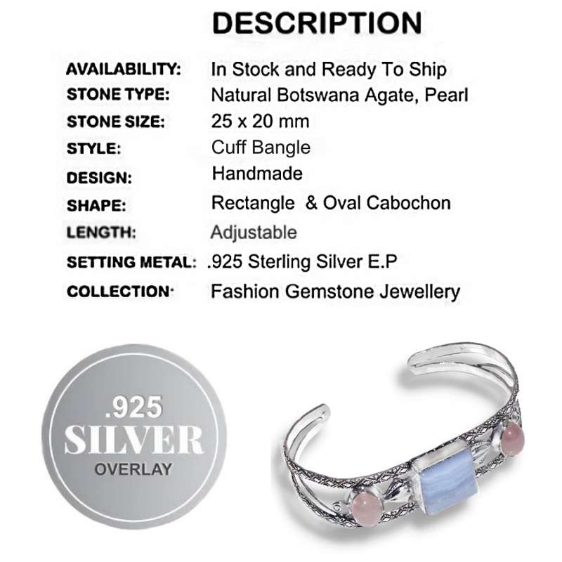 Natural Blue Lace Botswana Agate, Rose Quartz Gemstone .925 Sterling Silver  Plated Cuff Bangle