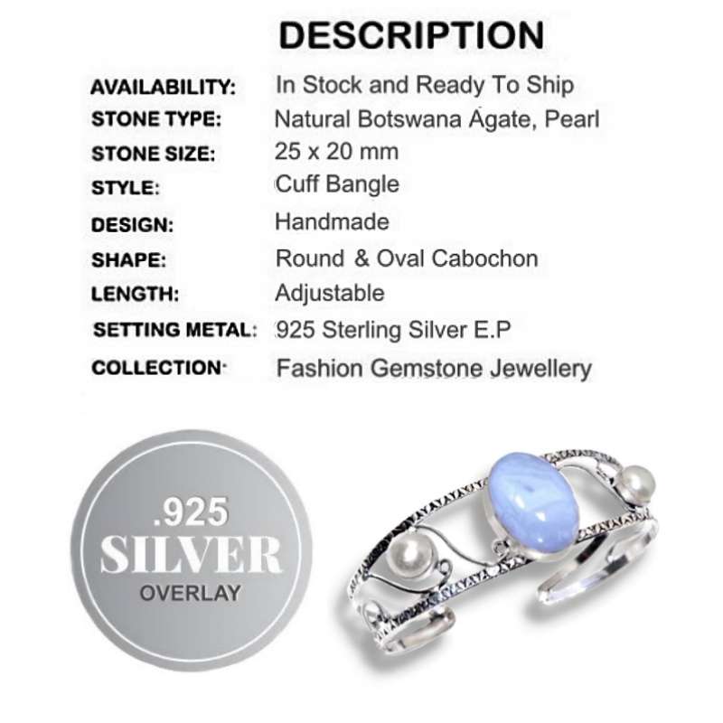 Natural Blue Lace Botswana Agate, Rose Quartz set in.925 Sterling Silver Plated Handmade Cuff Bangle