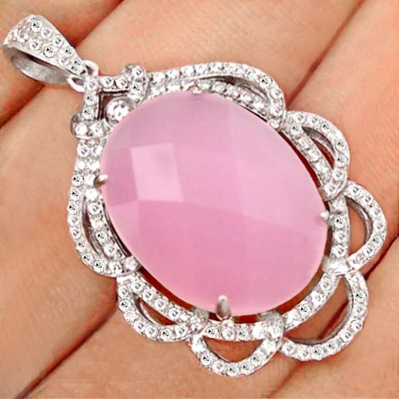 Turkey-  17.58 Cts Natural Chalcedony and White Topaz in Solid. 925 Sterling Silver Pendant