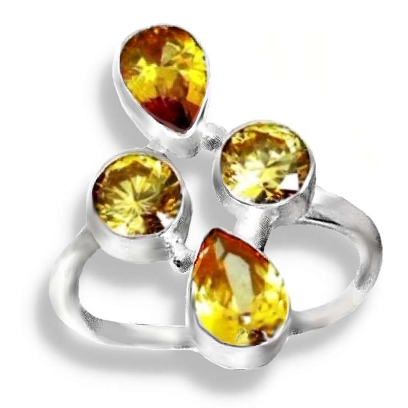 Natural Citrine Pear and Round Gemstones Solid .925 Silver Ring Size 8 OR Q