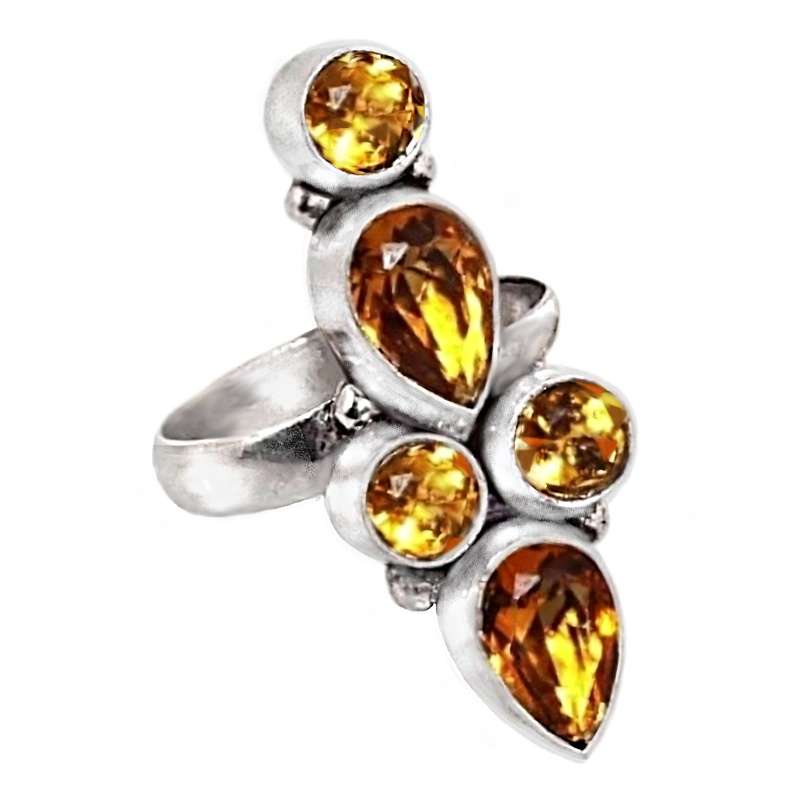 Golden Citrine Mixed Shape Gemstones .925 Sterling Silver Plated Handmade Ring Size 6.5 or N
