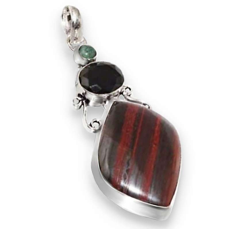 Natural Red Jasper Black Onyx, Green Onyx set in .925 Sterling Silver Plated Handmade Pendant