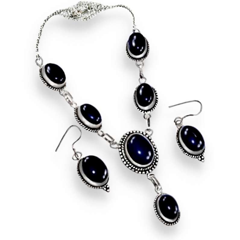 Natural Black Onyx Gemstone set in .925 Sterling Silver Plated  Handmade Necklace and Earrings Set