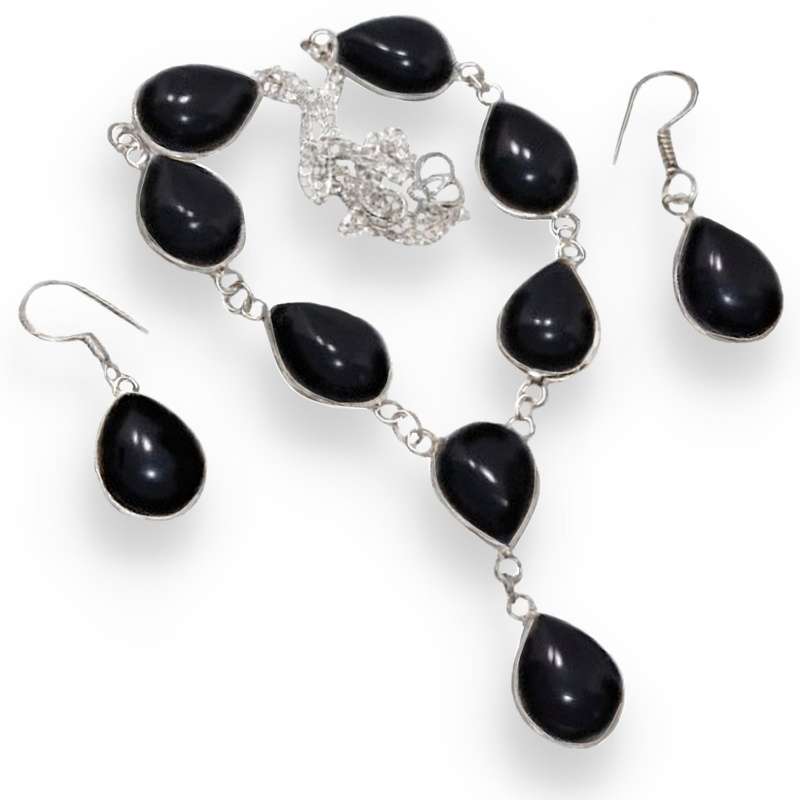 Black Onyx Pear Shape Gemstones set .925 Sterling Silver Plated Handmade Necklace and Earrings Set