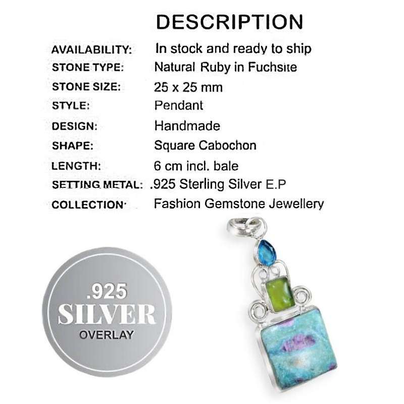 Handmade Natural Ruby In Fuchsite Gemstone Set In .925 Sterling Silver Plated Pendant