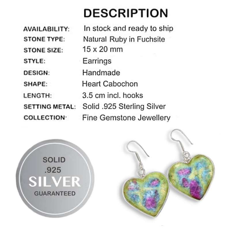 Natural Ruby In Fuchsite Heart Shape Gemstone set in Solid .925 Sterling Silver Earrings
