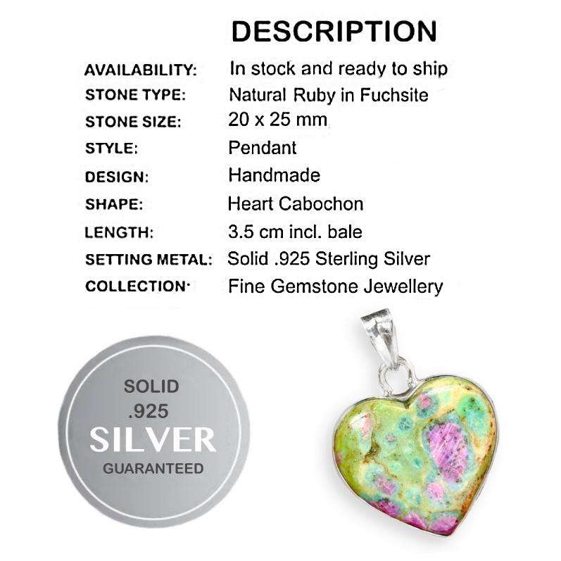 Natural Ruby In Fuchsite Heart Shape Gemstone set in Solid .925 Sterling Silver Pendant